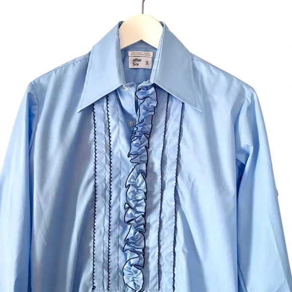 Vintage 1970s After Six Ruffled Light Blue Unisex Vampirecore Shirt - Picture 3 of 7